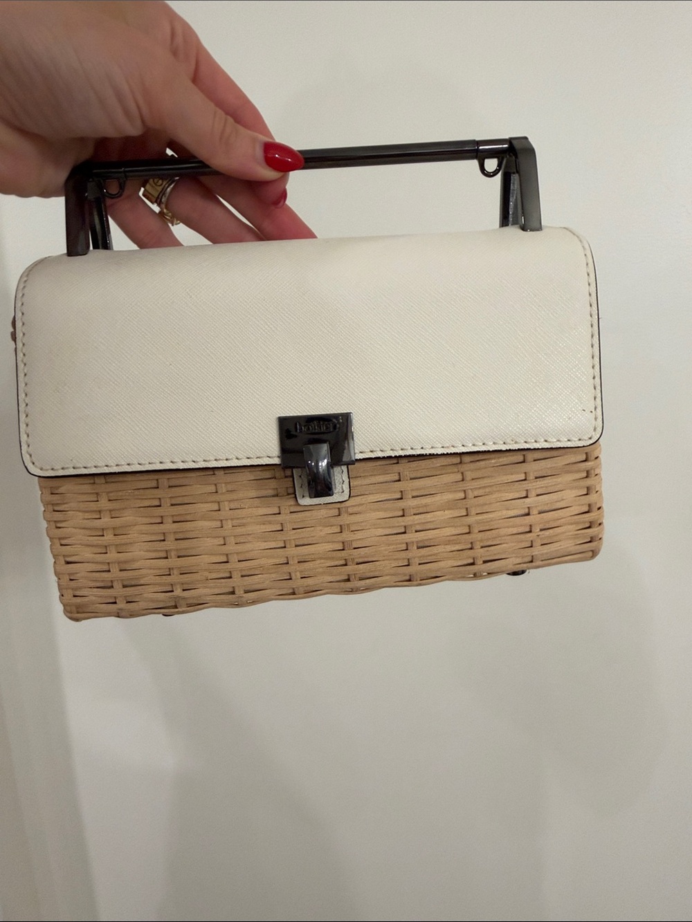 Botkier Cream Top Tan Woven Clutch with Metal Handle